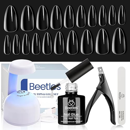 Beetles Gel Nail Kit Almond Nail Tips Easy Nail Extension Set 9 In 1 Nail Glue Gel with Pre shaped Medium Almond Nail Tips & UV Nail Lamp Acrylic Nail Clipper DIY Art Gifts for Her