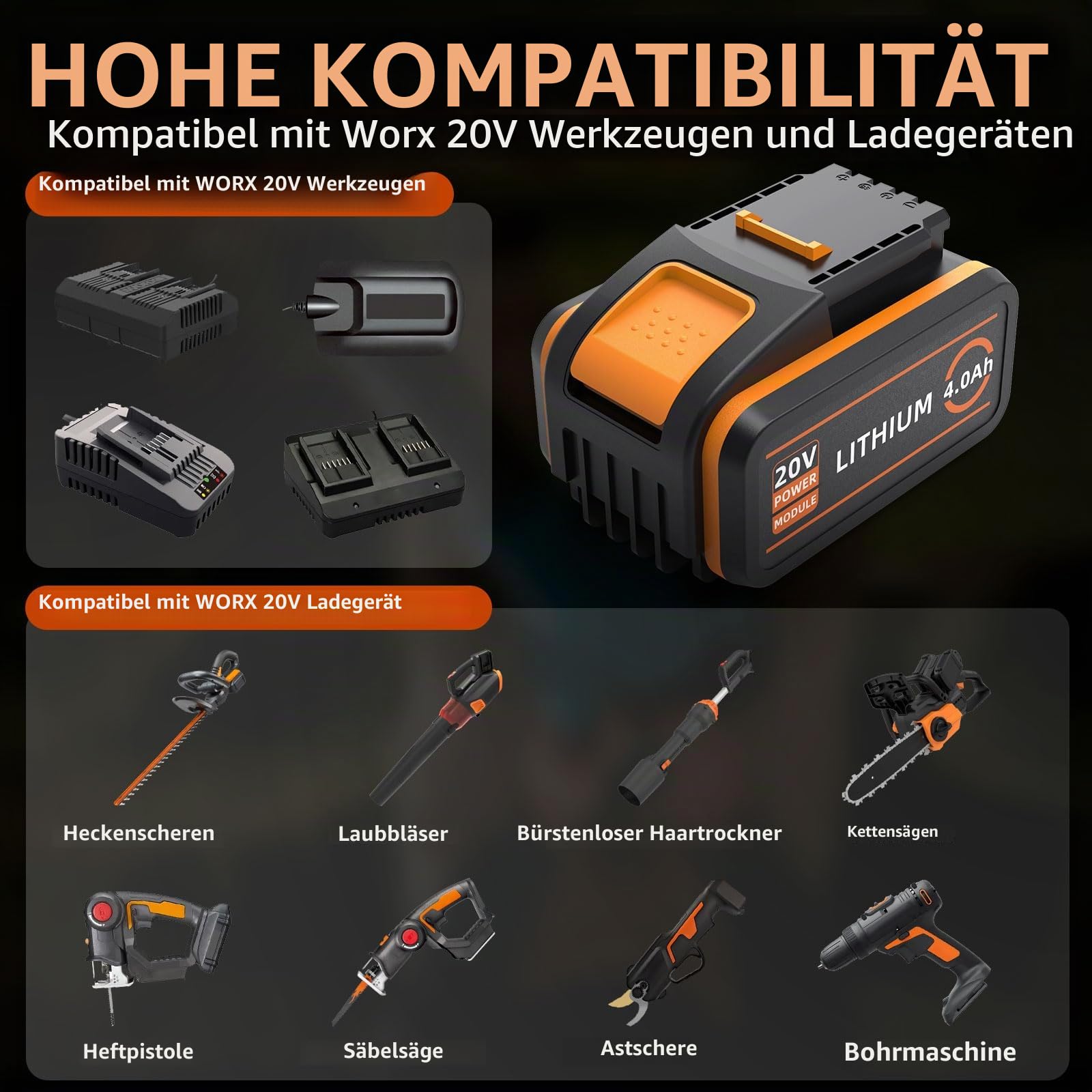 2er Pack 20V 4,0Ah Akkus für Worx 20 Volt Lithium-Ion-Batterien kompatibel mit PowerShare Serie Kabellosen Elektrowerkzeuge-Modelle WA3520 WA3525 WA3575 WA3578