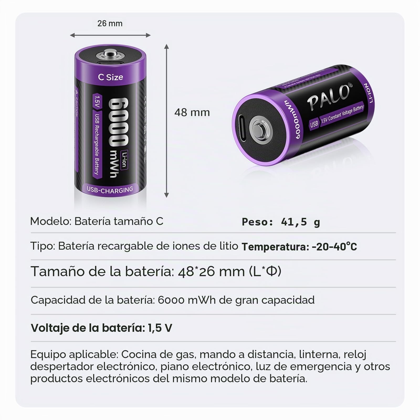 Pilas Baby C Recargables USB-C Lr14 Pila 1.5V 6000mWh Pilas Tipo C de Carga Rápida Litio Batería con Cable de Carga, Baja Autodescarga, con Luz Carga,1500+ Ciclos, 6 Piezas Battery