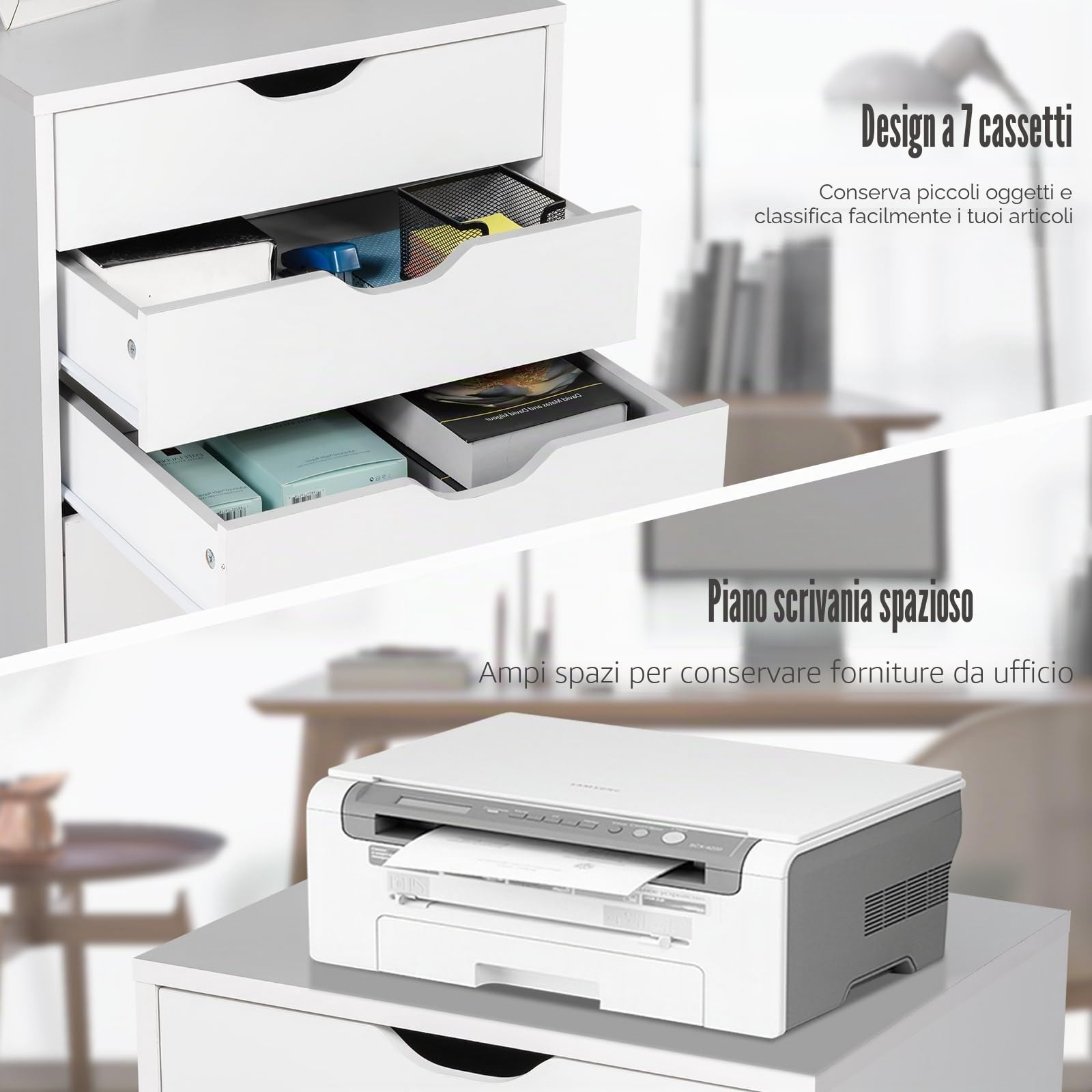 KOMFOTTEU Cassettiera Ufficio con 7 Cassetti, Cassettiera Scrivania con 4 Ruote Bloccabili, Schedario Portadocumenti in Legno, per Stampante per Studio, Camera da Letto, 49 x 40 x 87 cm (Bianco)