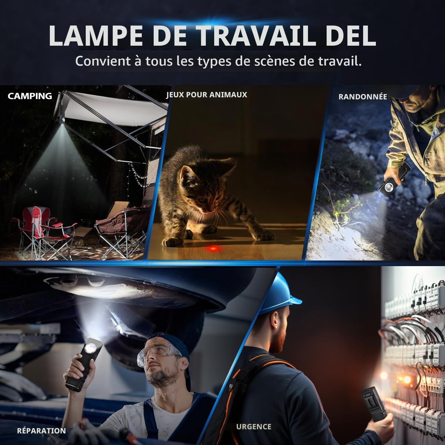 ULTRAFIRE Lampe de travail LED rechargeable 350 lumens avec faisceau rouge, 3 modes de poche avec aimant et clip pour le travail, la réparation de voiture, les urgences