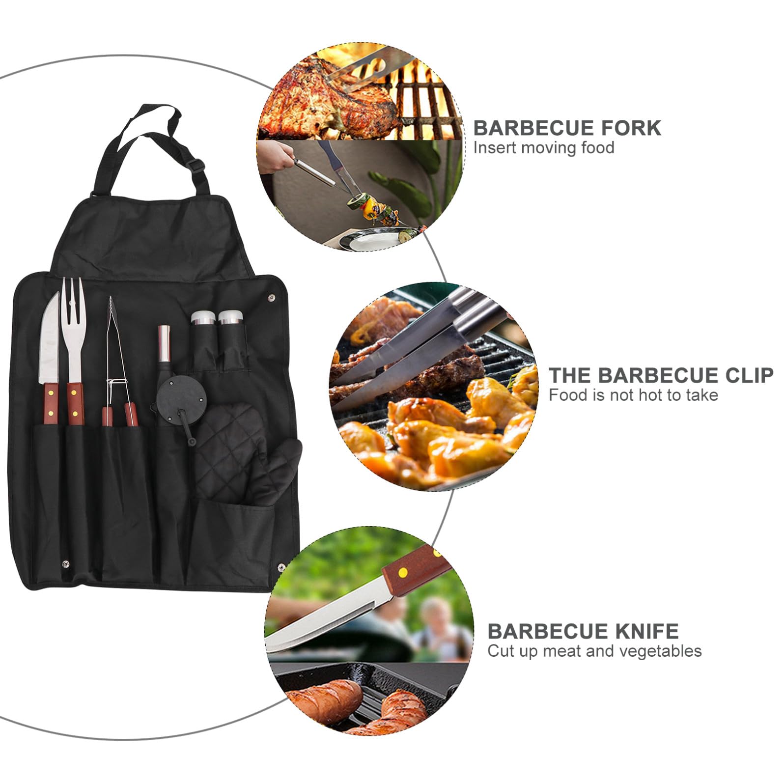 8 Stück Grillbesteck mit Holzgriff, Schwarz, mit Schürze | Edelstahl und Holz, Fixiergurte für Ordnung, Inklusive Aufbewahrungstasche für Outdoor und Bbq Party