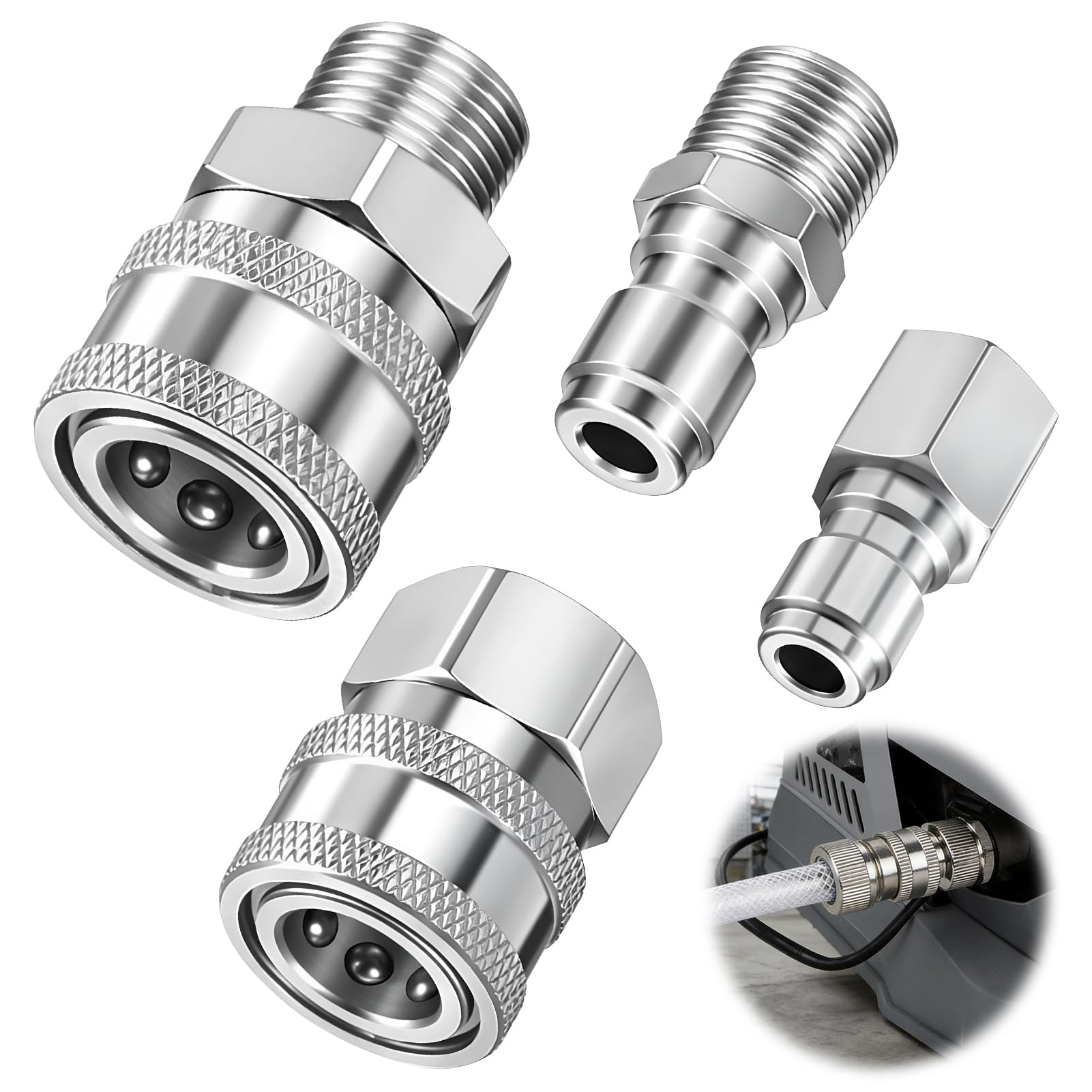 4 Pcs 1/4 Inch Pressure Washer Coupler Set, NPT 1/4 Inch Quick Connect Fittings Stainless Steel Male Female with Internal External Threads High-Pressure 5000 PSI Adapter Kit Hoses Pumps Ball Valves