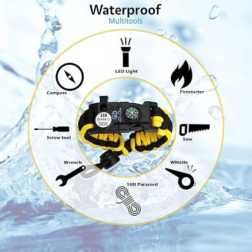 Miniatura 11 de Brazalete de supervivencia – Kit de equipo de emergencia táctico con luz LED SOS, cuchillo, 550 grados, ajustable, multiherramientas, iniciador
