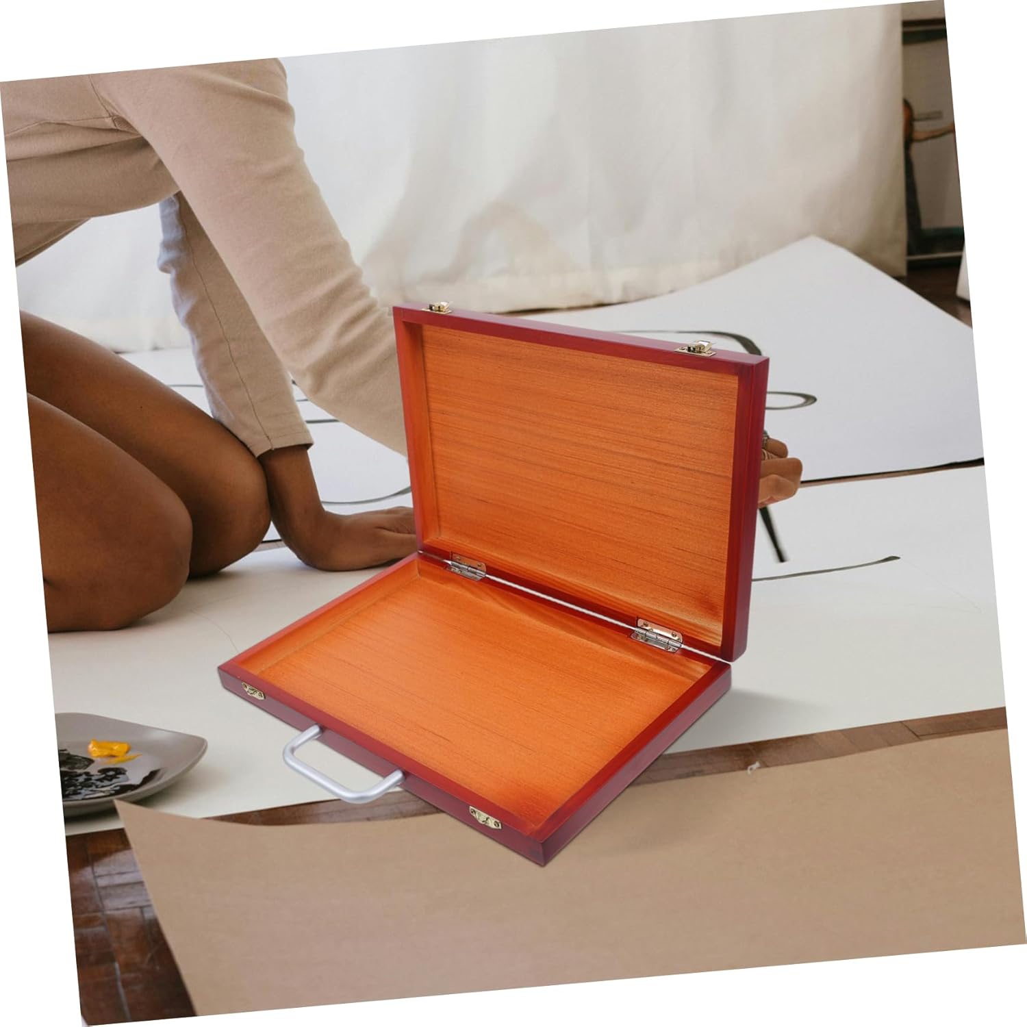 DECHOUS Handheld Wooden Painting Storage Box Lightweight and Portable Art Supply Organizer for Brushes and Tools Spacious European Style Drawing Case Walnut Finish for Artists