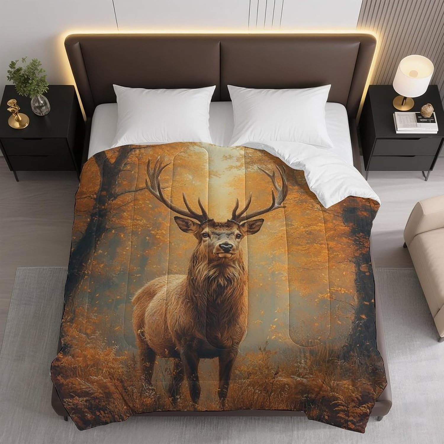 Autumn Deer Forest Comforter Bedding Heavy Bed Blanket Soft Warm Fluffy All Seasons Only Quilt 229x229cm