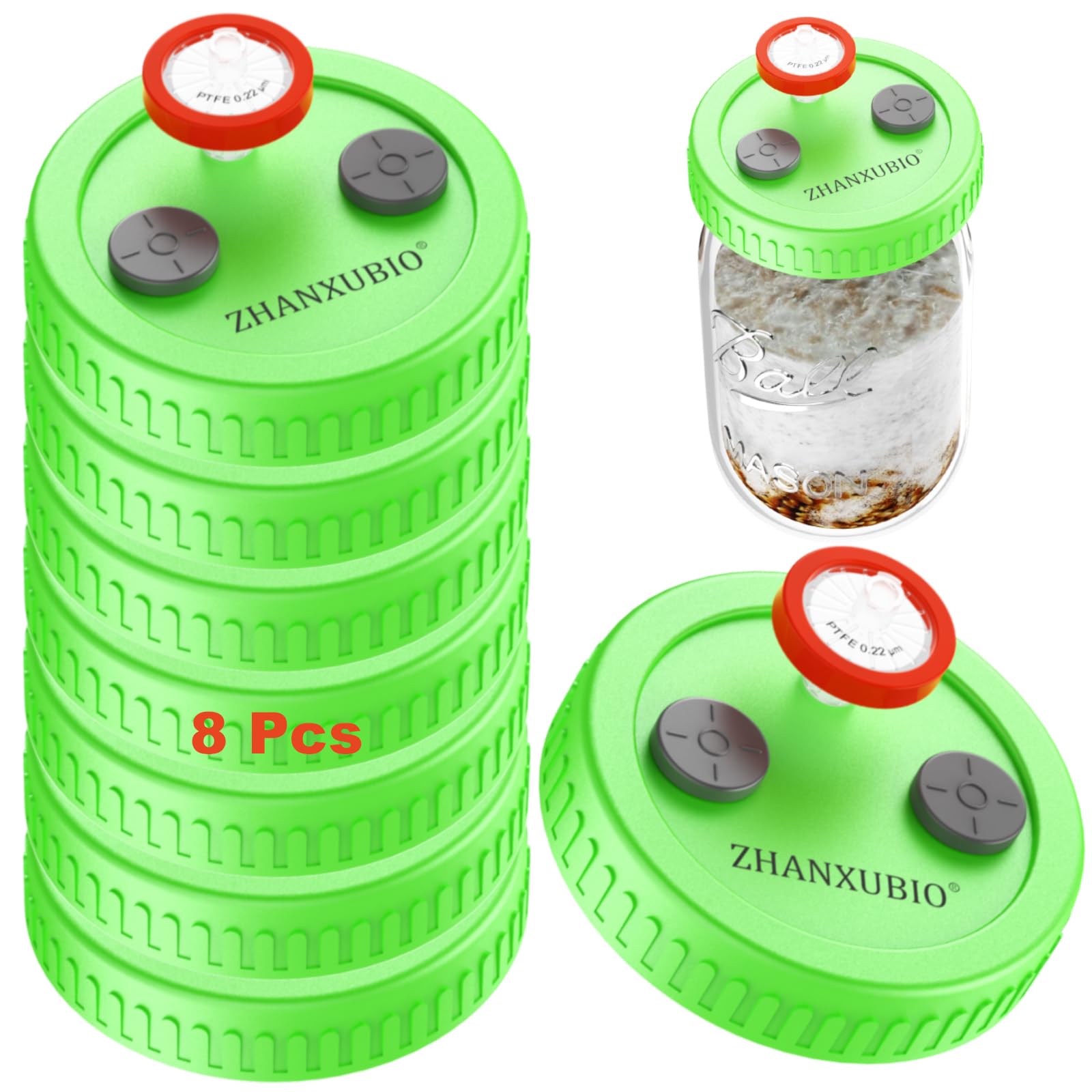 Tapa para cultivo líquido de setas, boca ancha, plástico apto para uso alimentario con membrana de PTFE y orificios de inyección autorreparables (8 unidades, verde, sin frasco)
