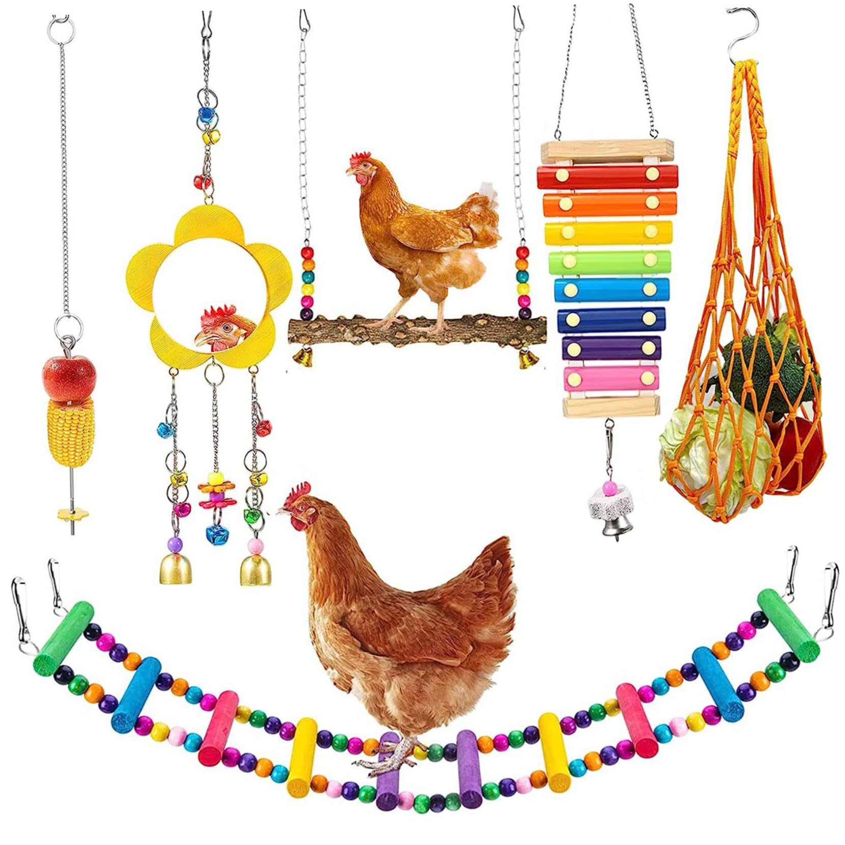 6 Pieces Chicken Toys Natural Wood Swing Chicken Ladder Chicken Xylophone Mirror with Bells Fruits Hanging Feeder Chicken Coop Accessories for Birds Rooster Hens Chicks Chicken Toys for Coop Chicken