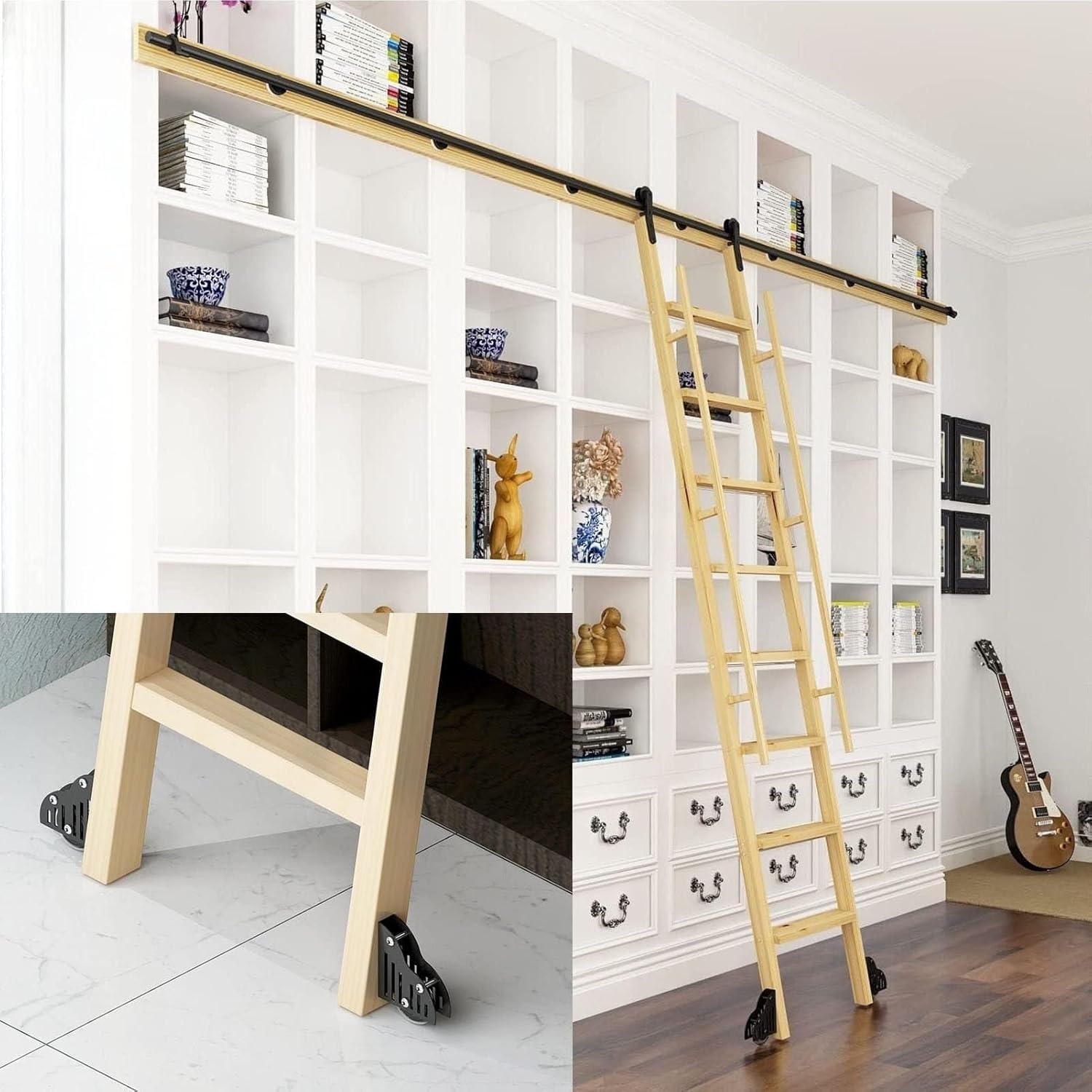 Kit de rails coulissants pour bibliothèque en acier noir rustique durable