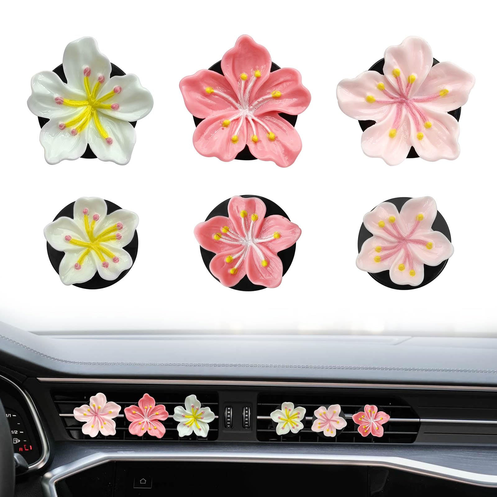 6PCS Car Cherry Blossom Vent Clips Cute Floral Scented Air Freshener Decor Pink Floral Auto Accessories for Women Aesthetic Car Interior Decorations
