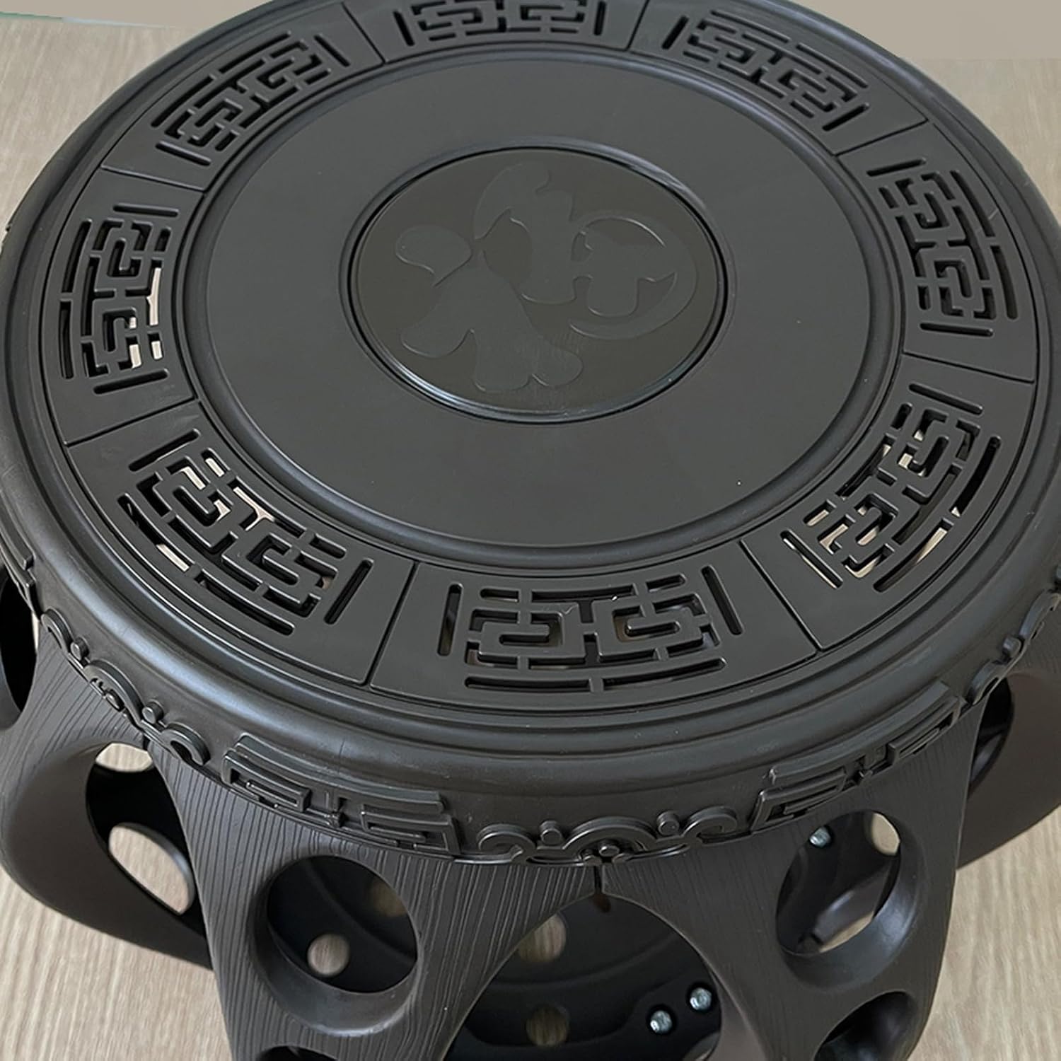 Plastic Garden Stool, Decorative Garden Stool with Floral Cutout Design Waterproof Drum Seat for Outdoor/Indoor Use, Balcony, Patio&Living Room Decor (Hollow Bird Motif) (Black, 11.8 * 11.8 * 11.8")