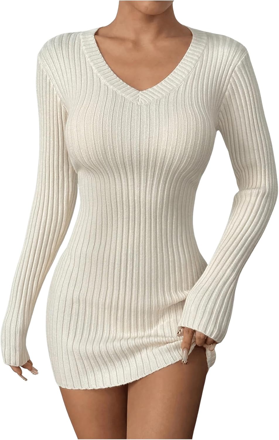 Verdusa Women's Fall Sweater Dress V Neck Long Sleeve Trendy Ribbed Knit Bodycon Short Dresses - Image 4