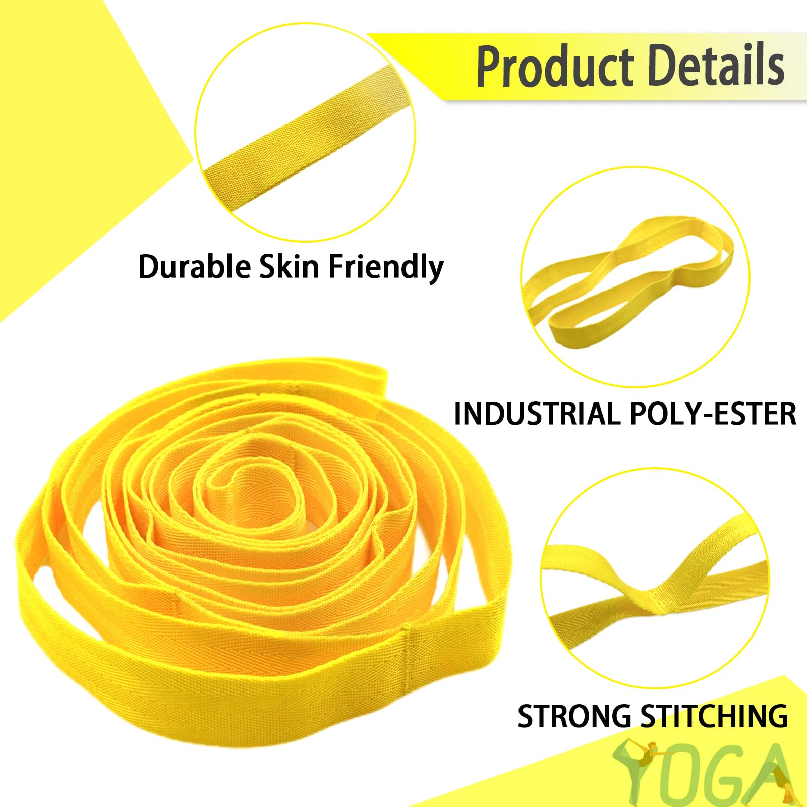 Cinghia di stretching Yoga con passanti, cinghie elastiche per fisioterapia, cinturino non elastico per pilates, danza e ginnastica con guida all'allenamento (giallo)