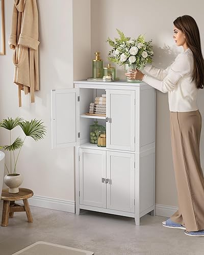 Miniatura 2 de VASAGLE - Armario de piso para baño, mueble independiente para almacenamiento con estantes ajustables y 4 puertas, 11.8x23.6x43.3 pulgadas, blanco,