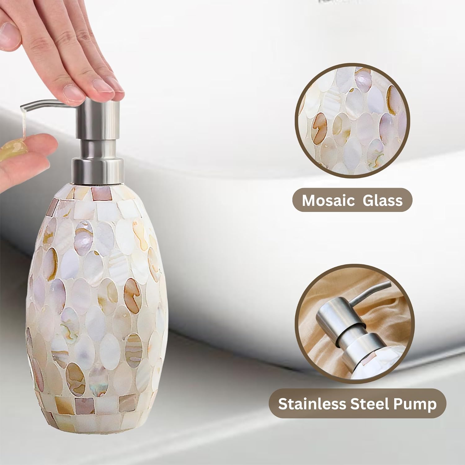 Natural Shell Bathroom Accessories Sets 4 Pcs | Luxurious Glass Soap Dispenser, Toothbrush Holder, Cotton Glass Jar, Trash Bin | Modern Mosaic Glass Decorative Bathroom Accessories