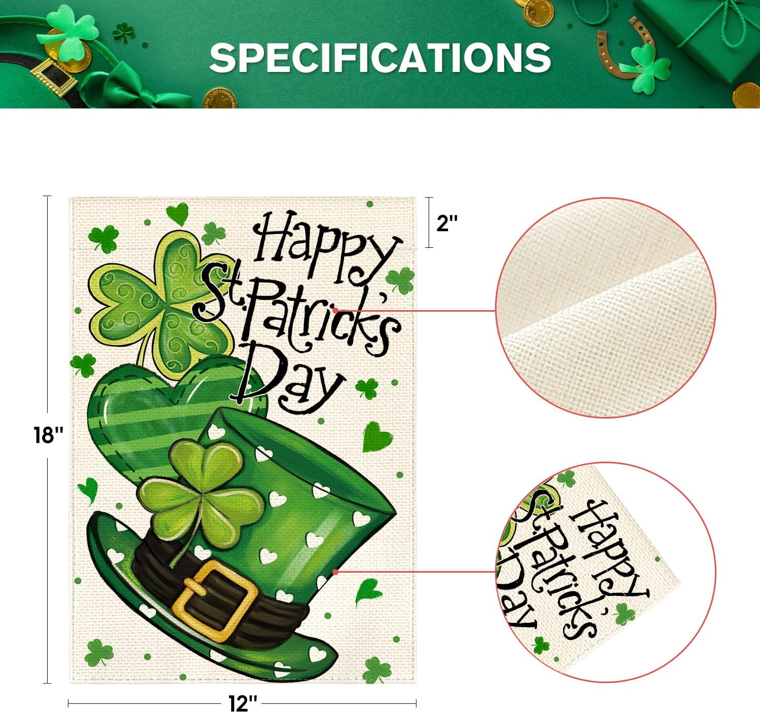 AVOIN colorlife Happy St Patricks Day Garden Flag 12x18 Inch Double Sided Outside, Shamrock Lucky Clover Hat Yard Outdoor Flag - Image 5