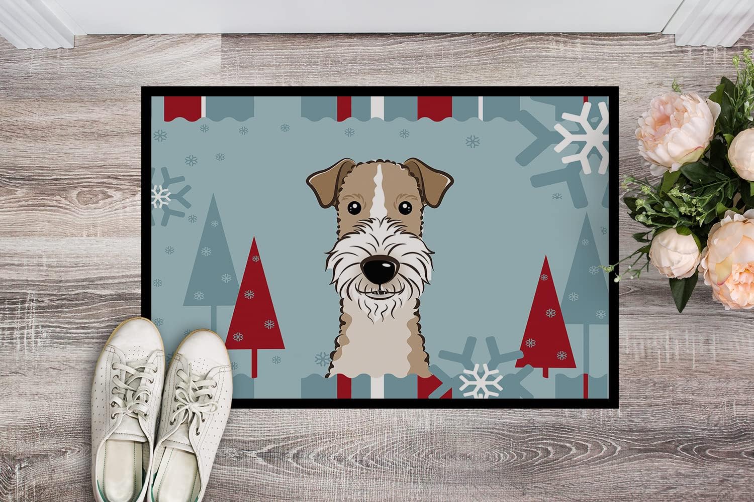 Caroline's Treasures BB1743JMAT Winter Holiday Wire Haired Fox Terrier Doormat 24x36 Front Door Mat Indoor Outdoor Rugs for Entryway, Non Slip Washable Low Pile, 24H X 36W