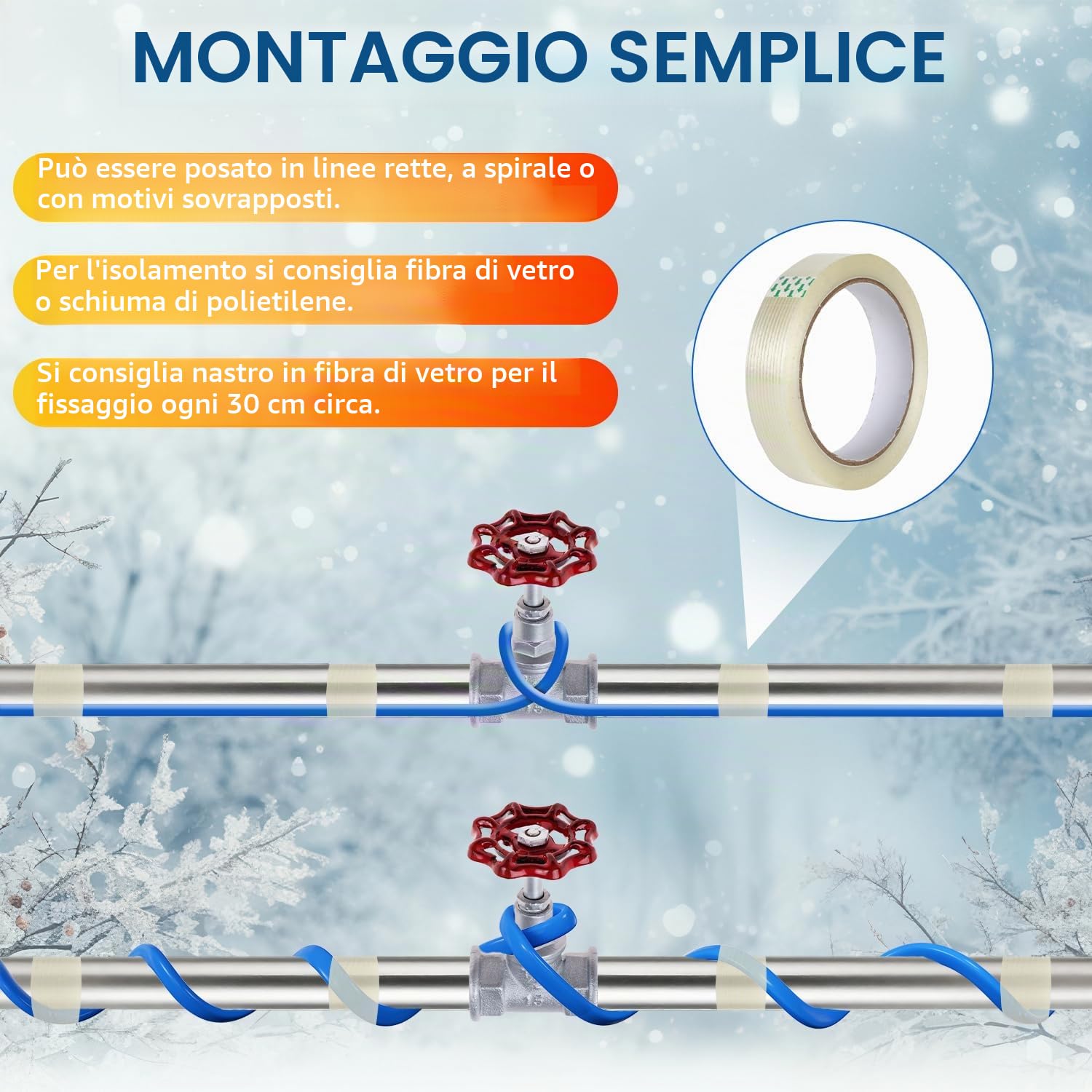 Cavo riscaldante antigelo con termostato da 2 m e nastro adesivo da 10 m, 68 W 230 V, cavo riscaldante con protezione IP68 17 W/m con interruttore automatico, nastro riscaldante per
