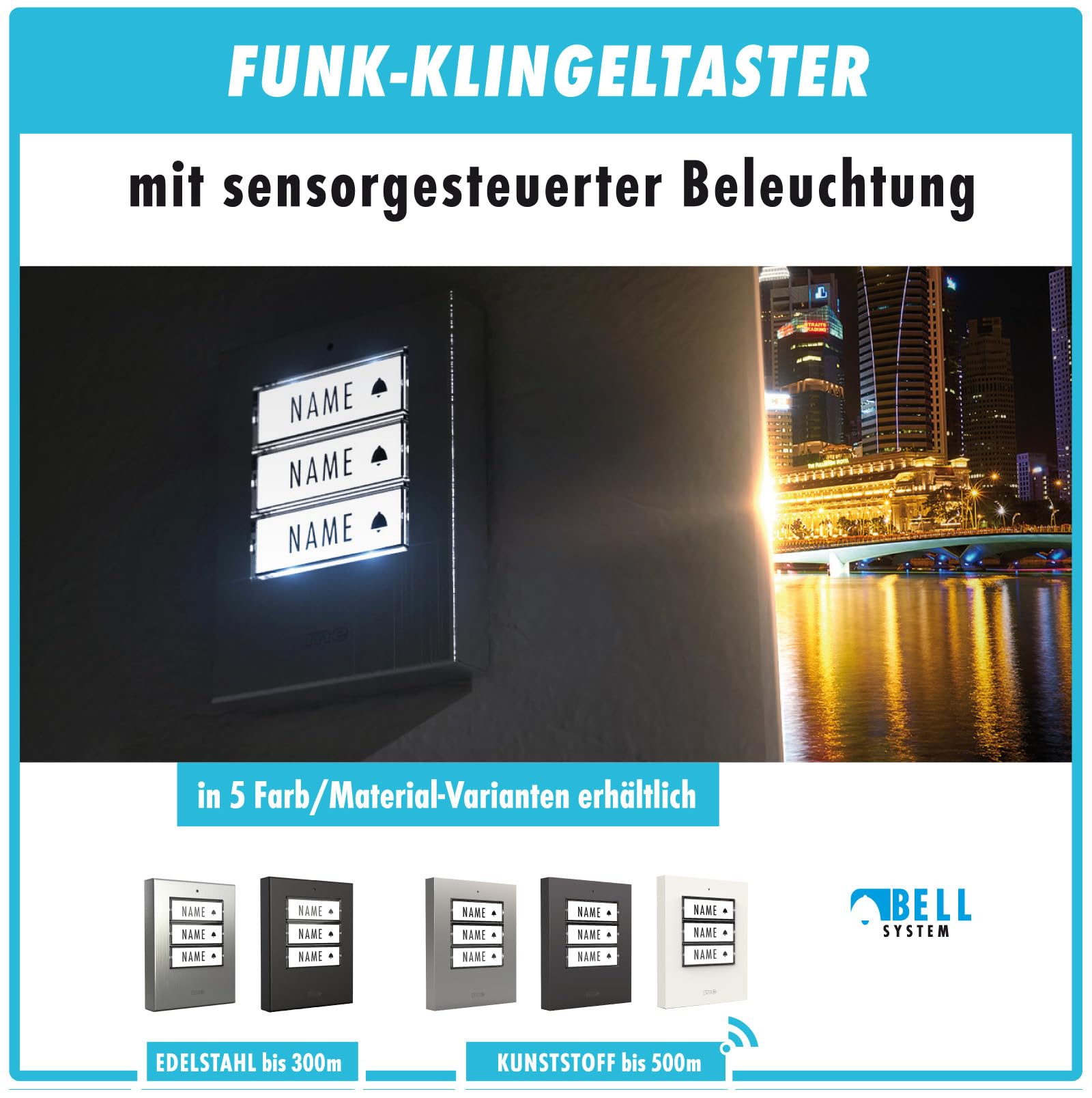 m-e modern-electronics 100168 Funkklingel Komplett-Set beleuchtet, klangaktiv, mit Bewegungsmelder, mit Namensschild (100168)