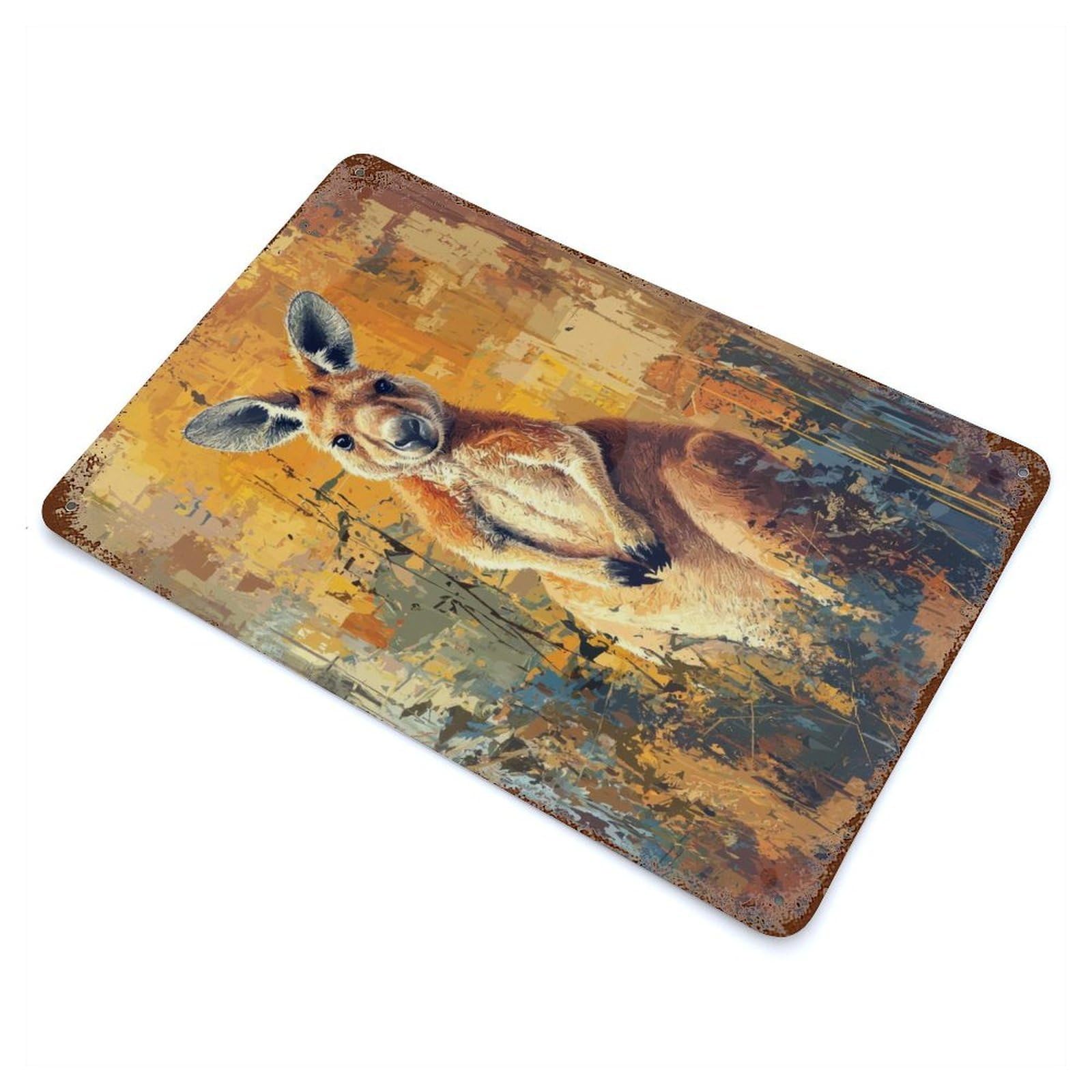 Distressed Metal Wall Sign with Kangaroo Painting Design 11.8"x7.9", for Farmhouse, Kitchen And Entryway Decor, Old School Wall Decor