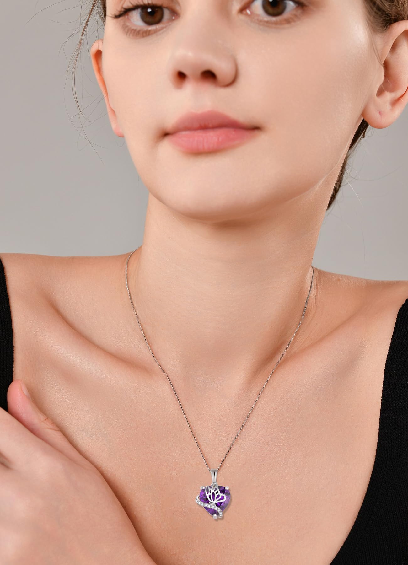 YL Herz Halskette 925 Sterling Silber Schmetterling Anhänger Kette 12 Geburtsstein Zirkonia Halskette Schmuck Geschenke für Damen Mutter Freundin