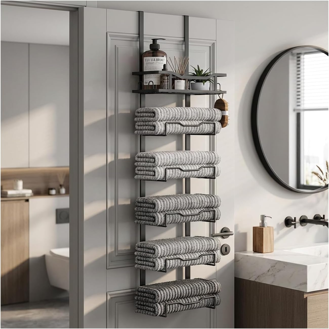 CTESNE【No Drill - 6-Tier】 Towel Racks for Bathroom The Door Bath Towel Storage Organizer for Small Bathrooms - Tiered Back of Door Towel Holder Hanger for Rolled Towels RV Camper(Black)
