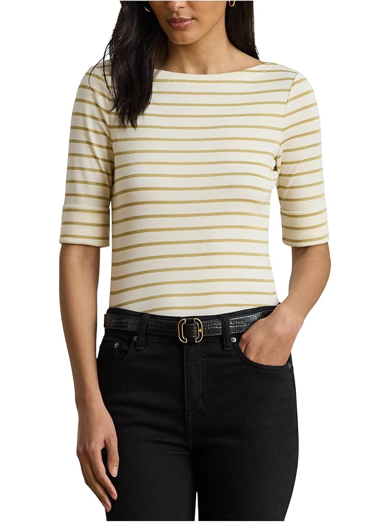 White Lauren Ralph Lauren Petite Metallic Striped Boatneck Tee