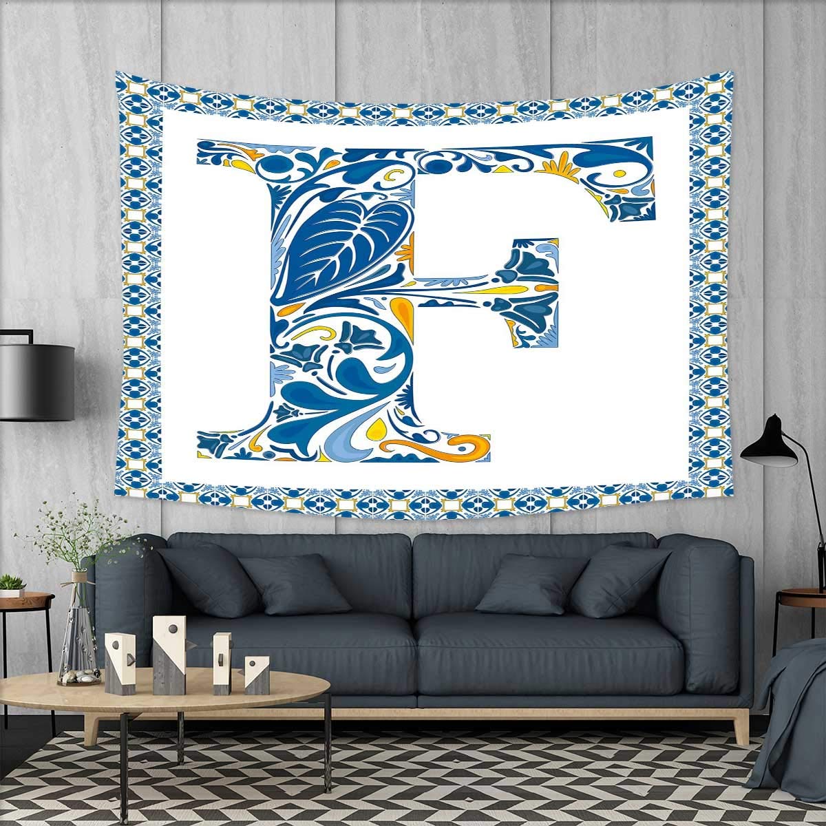 smallbeefly Letter F Tapestry Table Cover Bedspread Beach Towel Squares Circles and Other Abstract Shapes in Portuguese Inspired Artwork Dorm Decor 71"x60" Blue Yellow Orange