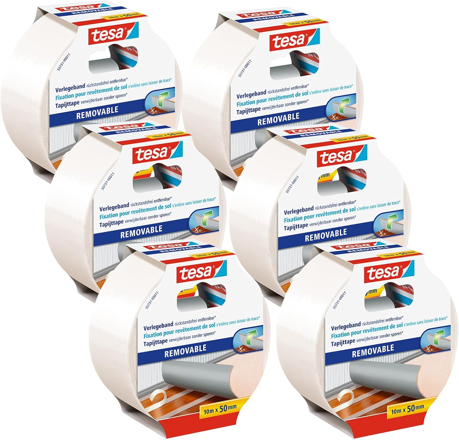 Tesa Installation Tape can be Removed Without Leaving Any Residue, Pack of 6, Fabric-Reinforced, Double-Sided Adhesive Tape for Gluing Carpet and PVC Floor coverings, 6 Rolls Each 10 m x 50 mm