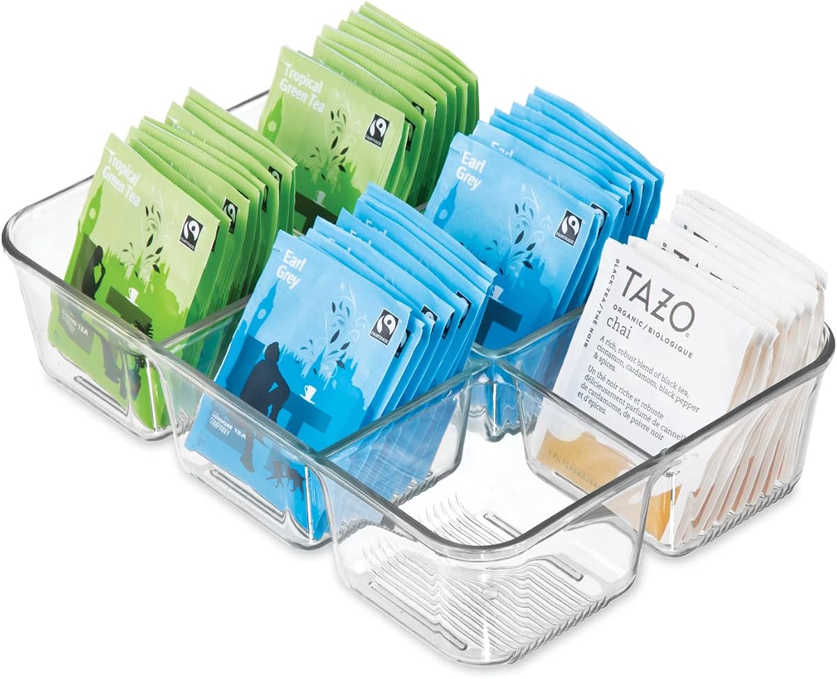 iDesign Organizador transparente de bolsas de té y paquetes de azúcar | Para cajón, gabinete, encimera de cocina.