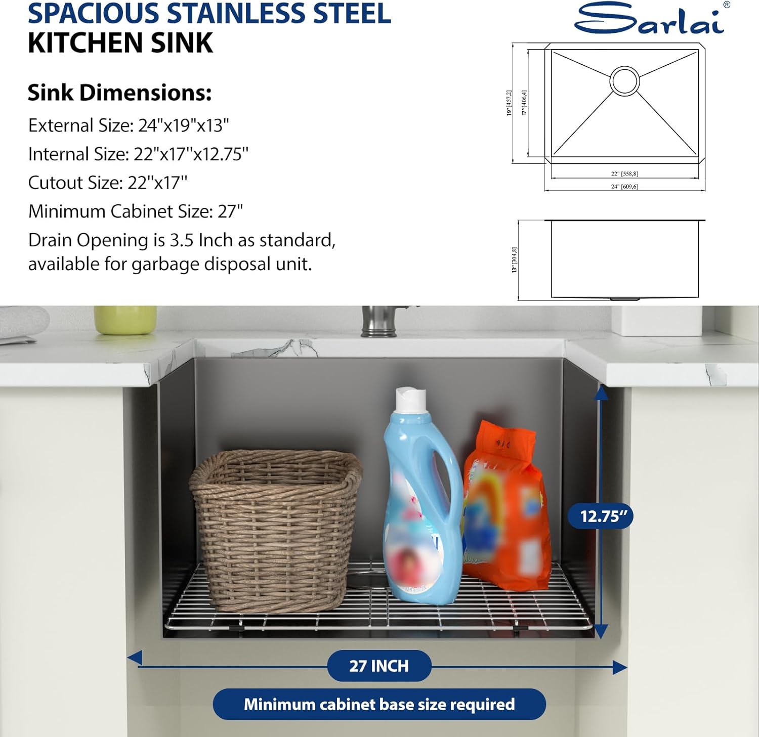 Sarlai Black Undermount Laundry Sink 24 Inch - 13 Inch Deep Undermount Laundry Utility Gunmetal Black Sink Single Bowl Kitchen Sinks 16 Gauge Stainless Steel Laundry Tub Sinks Basin 24"x19"x13"