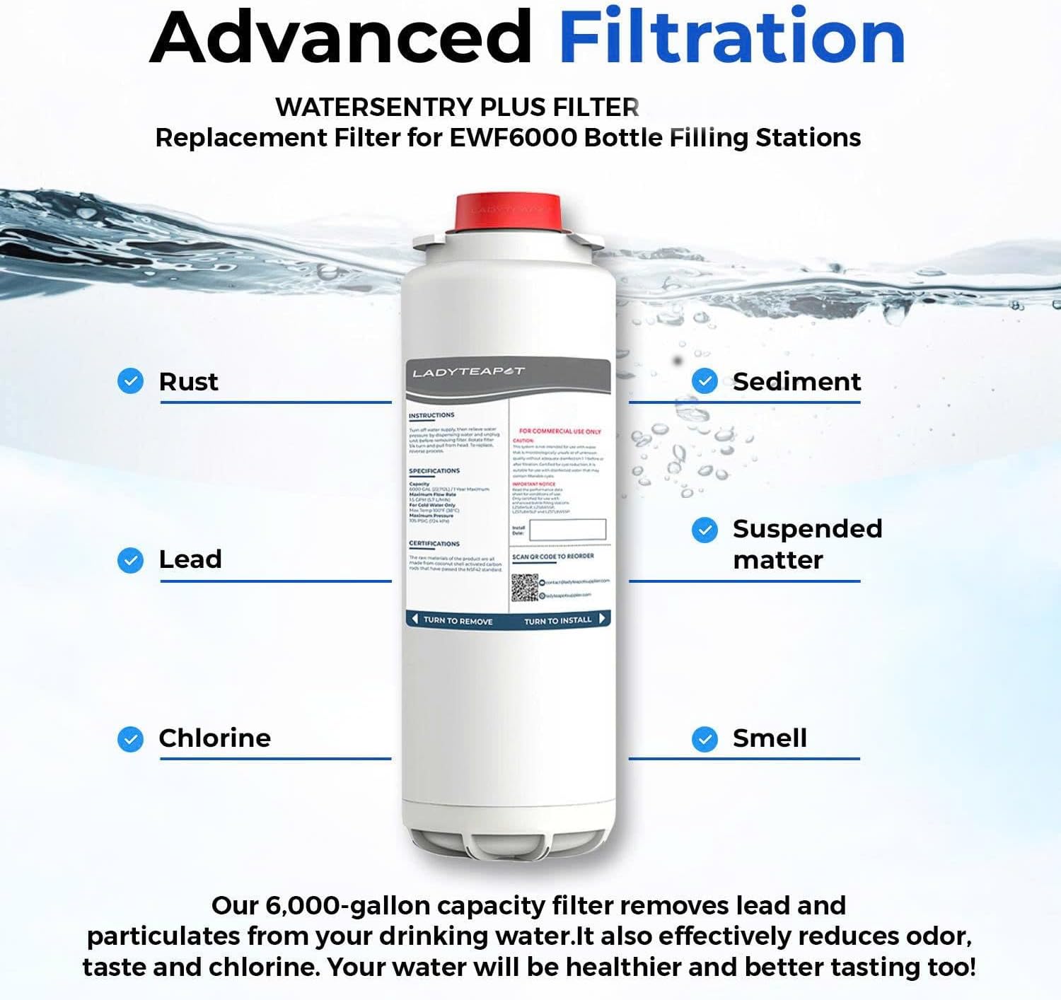 Water Filter Replacement Compatible With Elkay 51600C EWF6000 Bottle Filling Stations, 6000 Gallons/12 Months (No Chip - 6 Pack)