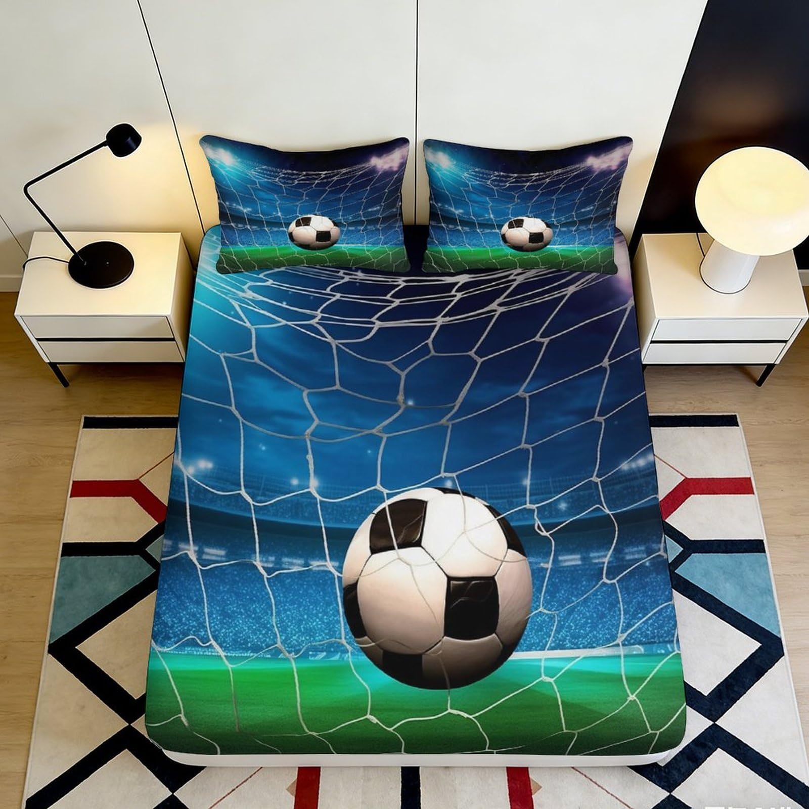3D Printed Soccer Goal Fitted Sheet Microfiber Blue Stadium Bed Cover Anti-Slip Easy Care for Bedroom Guest Room 160x200x25cm