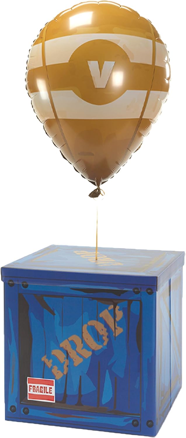 CampLiner Large Loot Drop Box W/One Matching Yellow Balloon - Gamer Birthday Party Supplies - Goes with Merch, Pickaxes - Decor Gift Accessory (14” x 14” x 14”)