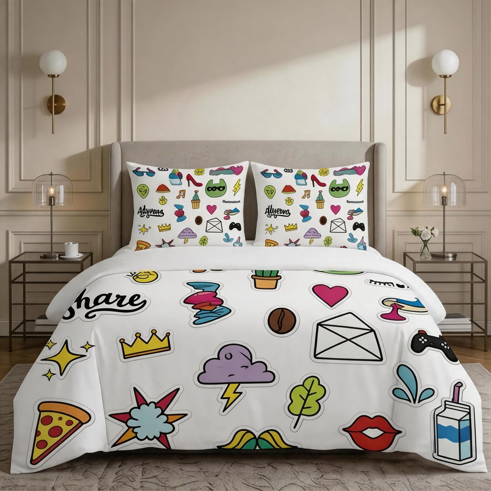 Housse de Couette 220x240 cm avec 2 Taies d'Oreiller Parure Lit Microfibre Motif Autocollant