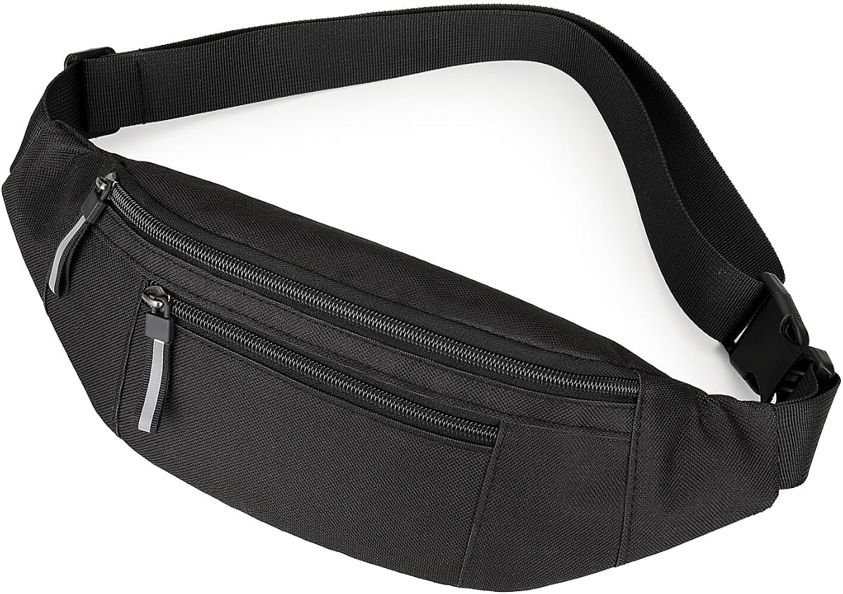 Fanny Pack for Men, 2-Zipper Belt Bag (Black)