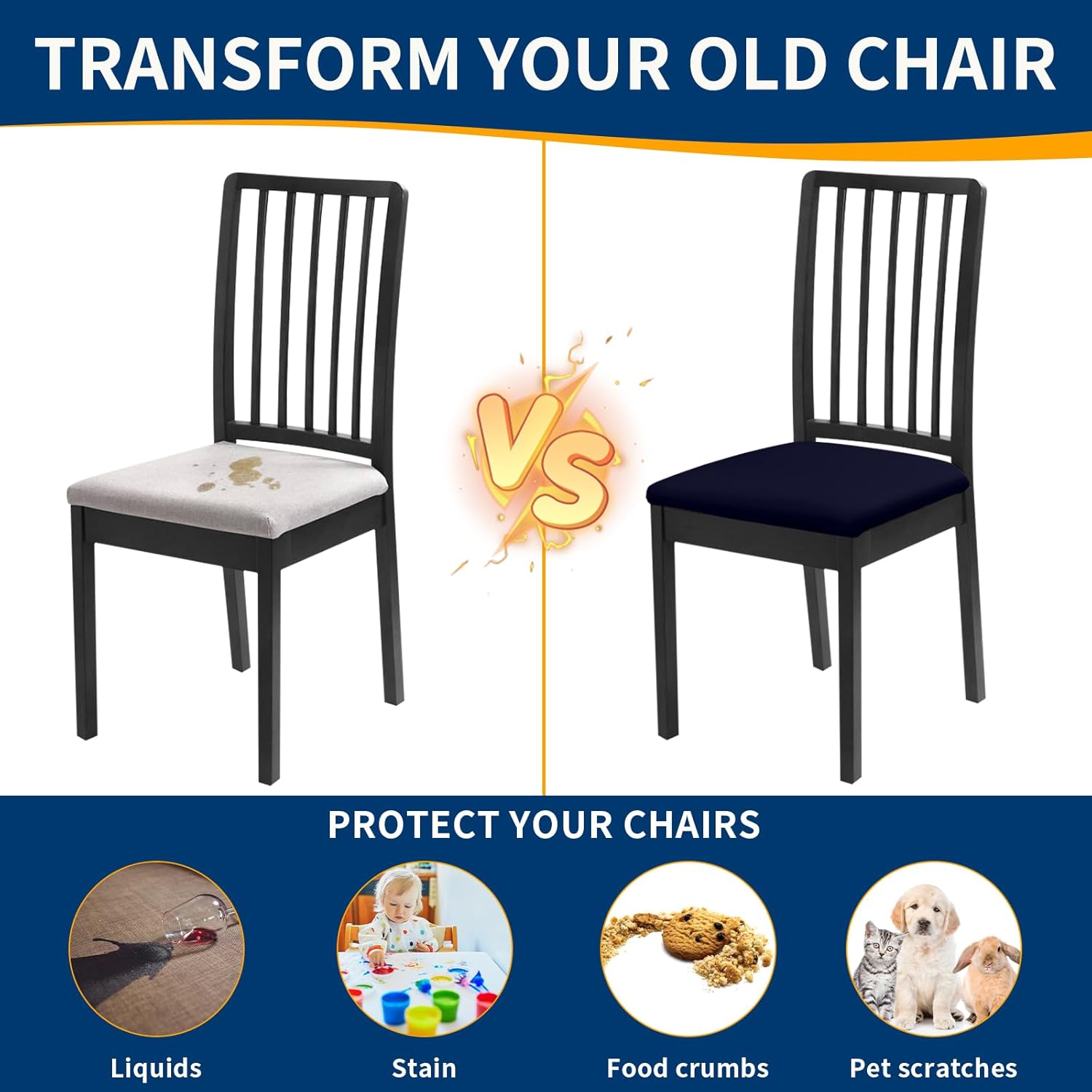 Waterproof Dining Chair Seat Covers Set of 8, Stretch Removable Dining Room Seat Covers for Dining Chairs, Kitchen, Hotel, Party