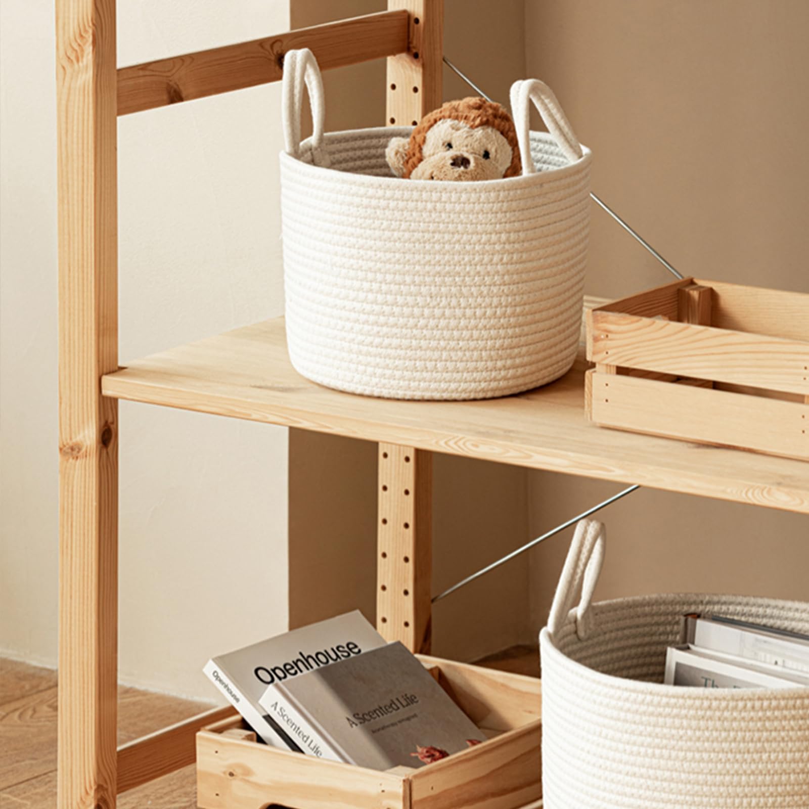 Panier de rangement beige, panier rond en corde de coton, panier pour linge sale, boîte de rangement, convient pour les jouets, couvertures, linge sale, petites choses, collations (Beige, M)
