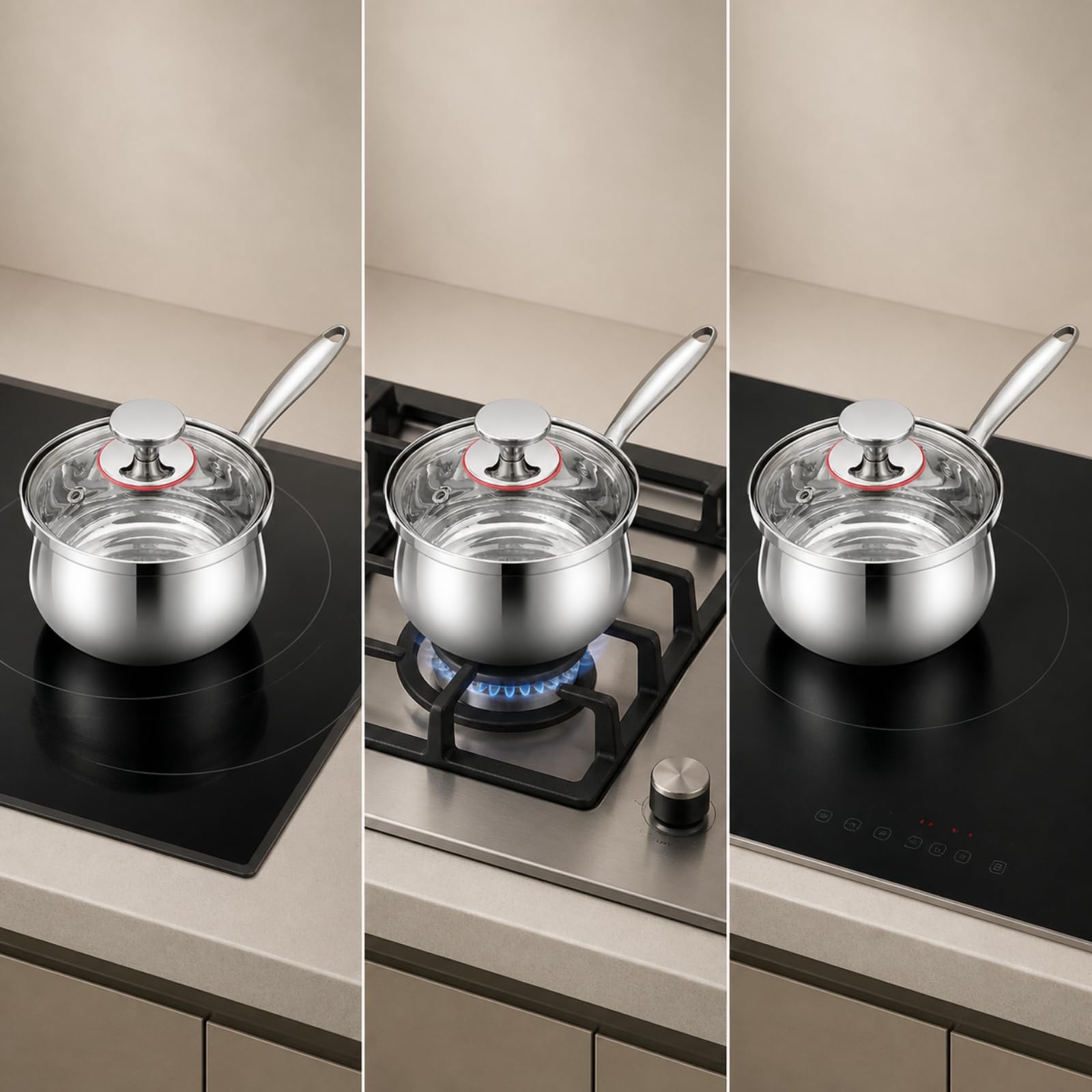 Ronyme 16 cm -Saucepan vielseitig einsetzbar mit Glasdeckel tropffreies Ausgießen -Saucière für Babynahrungszubereitung, Doppelschicht