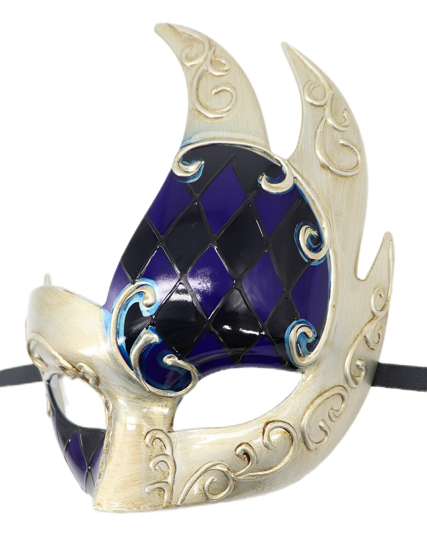 Coolwife Men's Masquerade Mask Vintage Venetian Checkered Musical Party Mardi Gras Mask (W Blue/Black) - Image 2