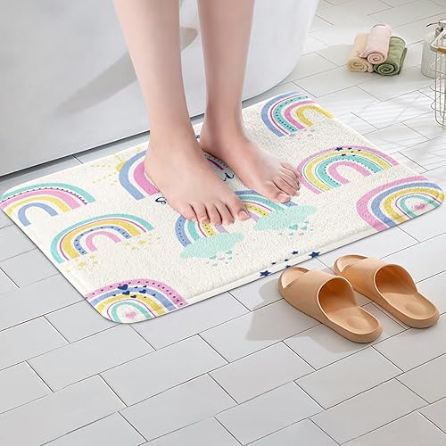 Miniatura 4 de Erosebridal Alfombra de baño arcoíris de 20 x 32 pulgadas, alfombra de baño de arcoíris pastel, alfombra de área de vellón arcoíris con estrellas