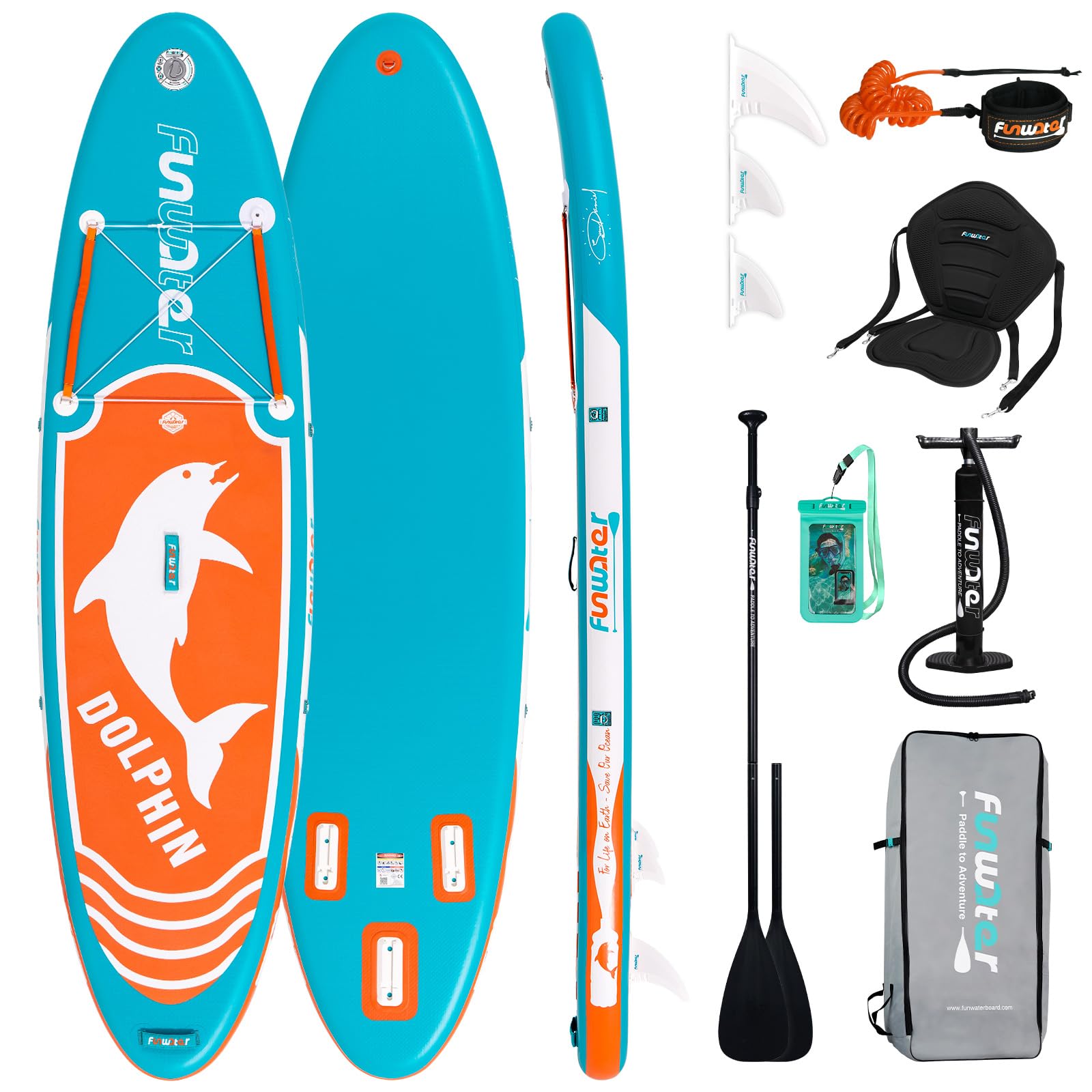 FunWater Tabla de Surf Hinchable de pie para Surf, Tabla de Surf Sup, Accesorio de Remo Ajustable, Bomba, Mochila de Viaje, Correa de Seguridad, Funda Impermeable para teléfono móvil