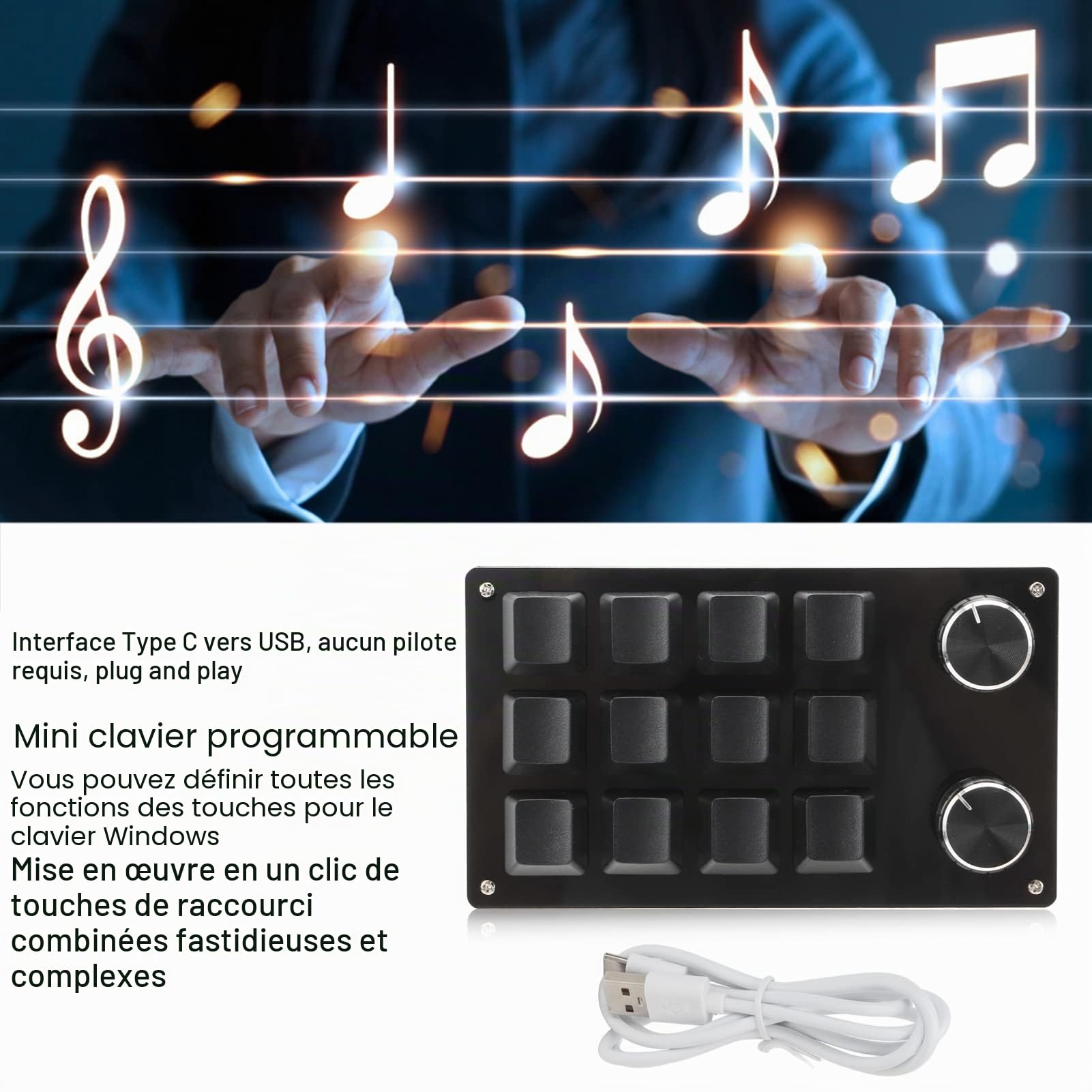 Cuifati Mini Clavier Mécanique Macro à Une Main - 12 Touches Micro Programmables et 2 Boutons, Bricolage pour Jeu (Tout Noir)