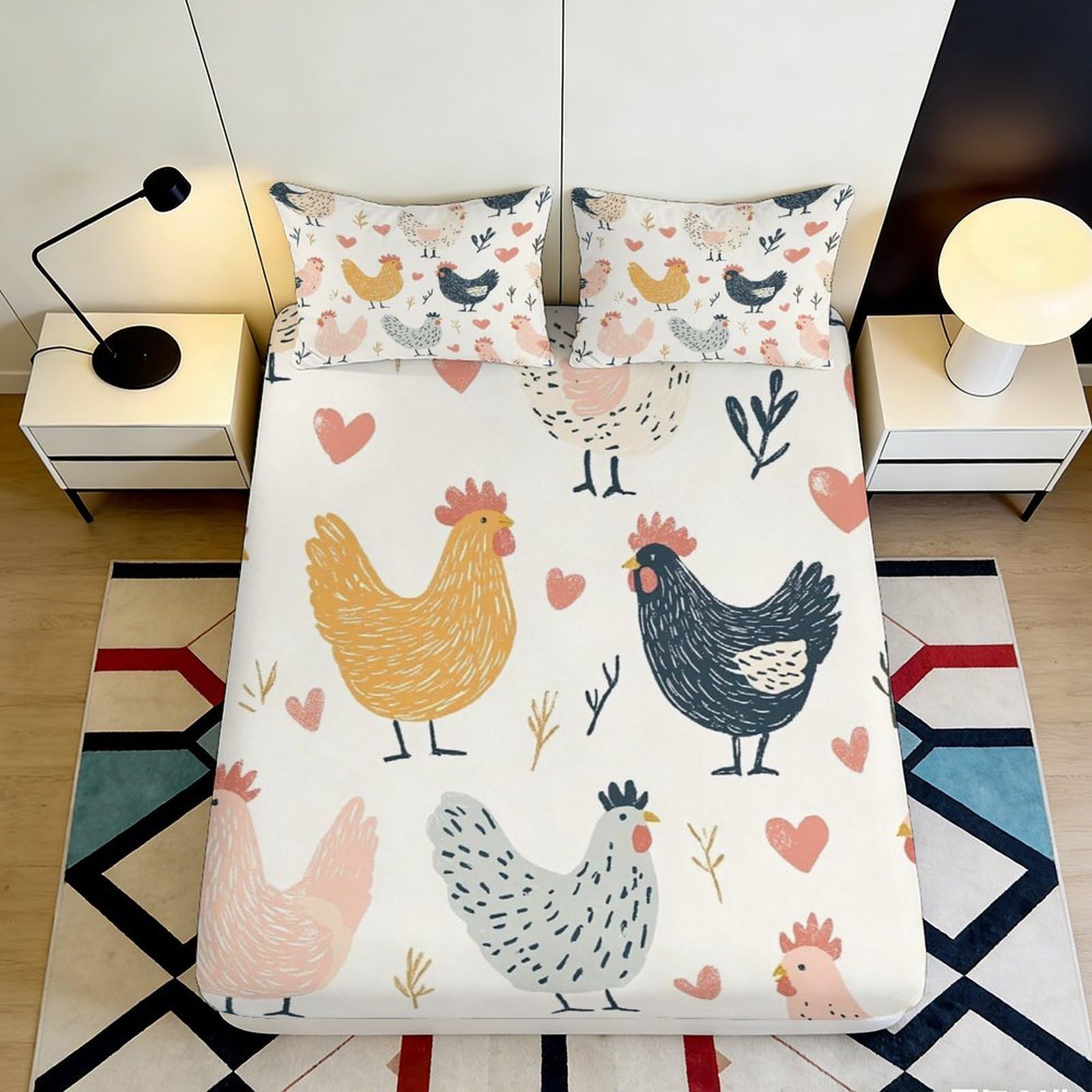 3D Printed Chicken Pattern Fitted Sheet Microfiber Soft Breathable Hen Design Bed Cover for Bedroom Dormitory Guest Room Mattress Protection 160x200x25cm