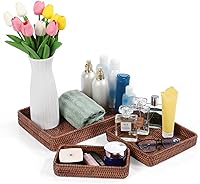 Vista 5 de Bandeja de servir de ratán, bandeja tejida rectangular, cestas decorativas de mimbre natural para organizar la mesa, baño, encimera de cocina Marrón