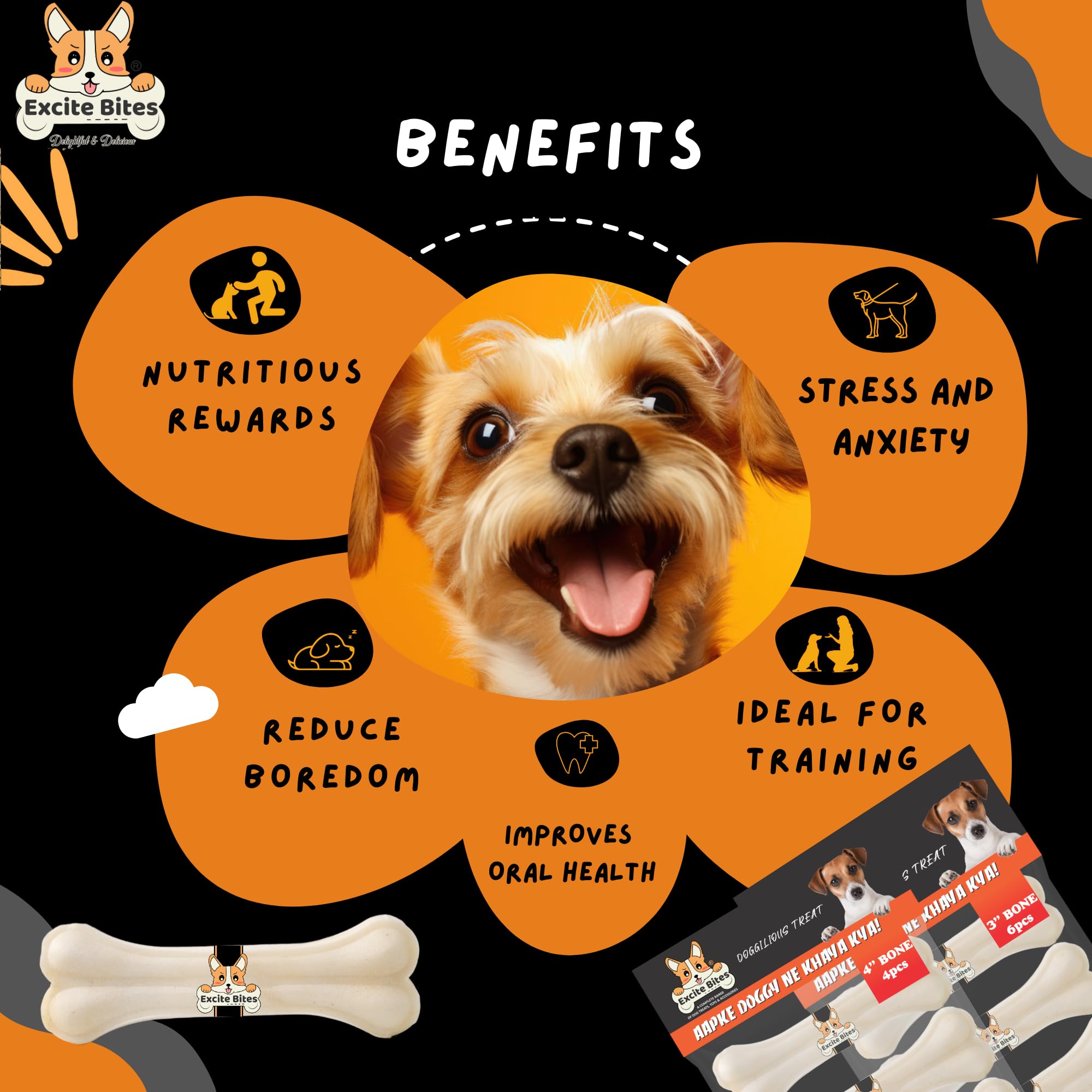 Excite Bites Combo Offer - Pet Rawhide Bones (Dog Chews) (3"-6Pcs)(4"-4Pcs), 385 g (Pack of 2) 1