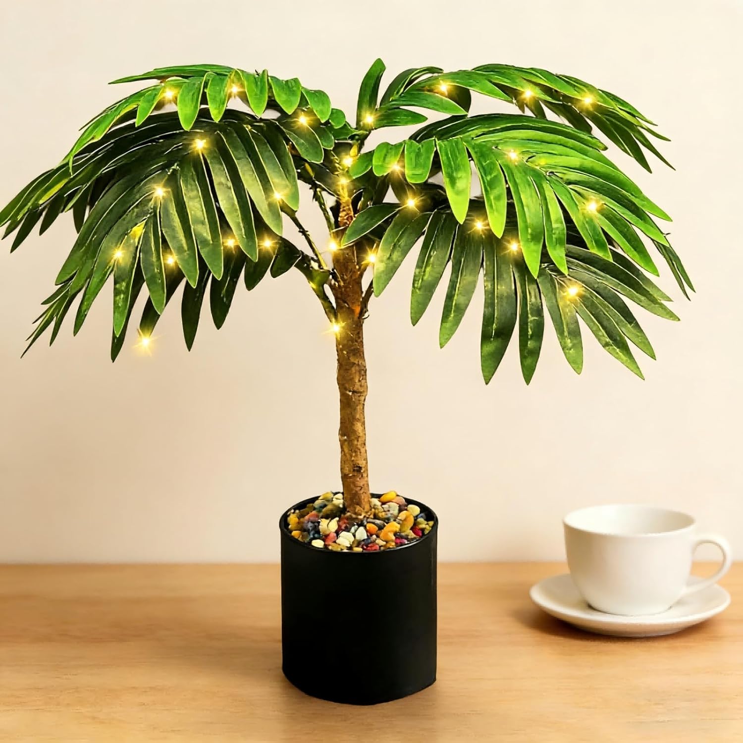 20'' Lighted Palm Tree Faux Plant with LED Lights - USB & Battery Box Powered - Artificial Palm Tree for Living Room, Home Decor, Indoor Decoration (Palm Leaf)