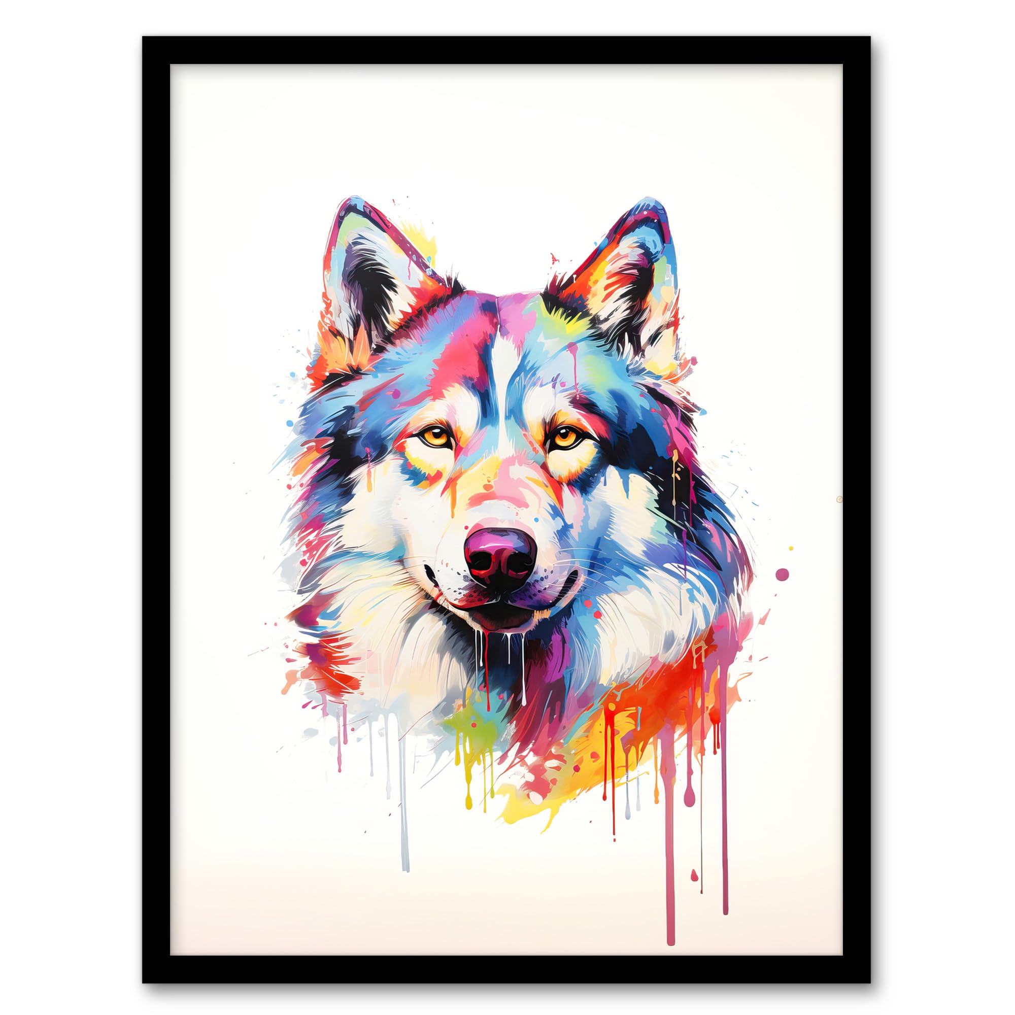 Artery8 Husky Dog Lover Gift Pet Portrait Rainbow Colours Artwork Painting Artwork Framed Wall Art Print A4