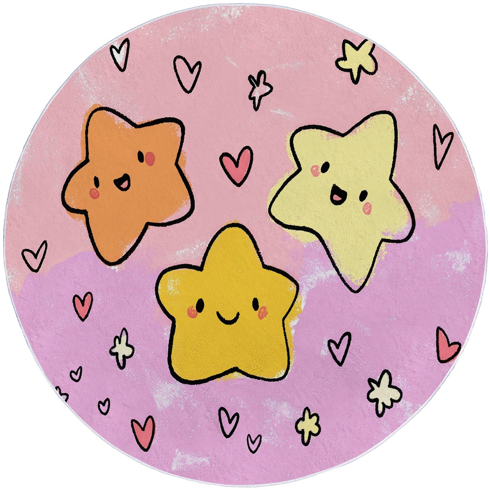 Generisch Cartoon Rund Teppich Handgezeichnete Smiley-Sterne Herzen 150 cm rutschfest Teppiche, Rosa Plüsch Flauschig Weich Runder Teppich Wohnzimmer Schlafzimmer Küche Fußmatte Haustierteppich