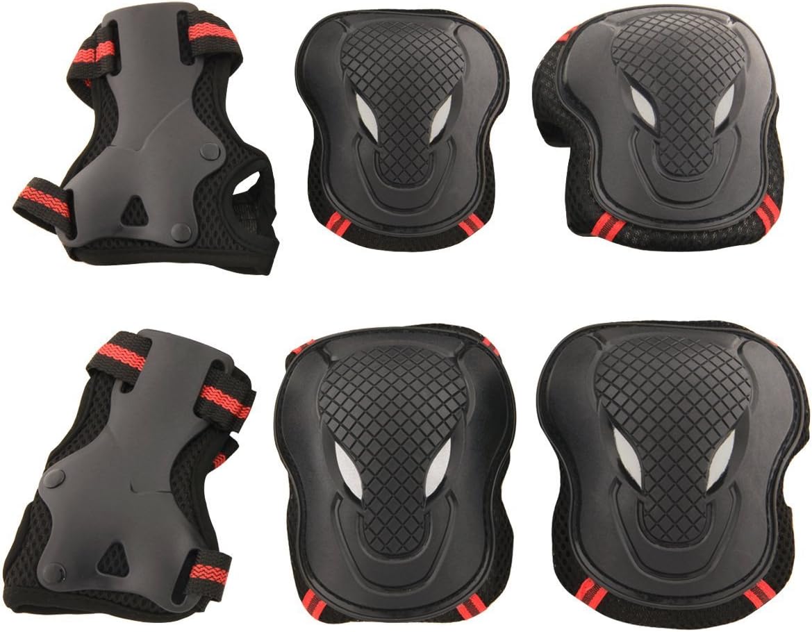 Allnice Alien 6 in 1 Thicken Skateboard Cycling Roller Skating Outdoor Sport Blading Elbow Knee Wrist Protective Gear Pads Safety Gear Pad Guard for Adult & Child Kid Use - Red+Black Color (L Size)